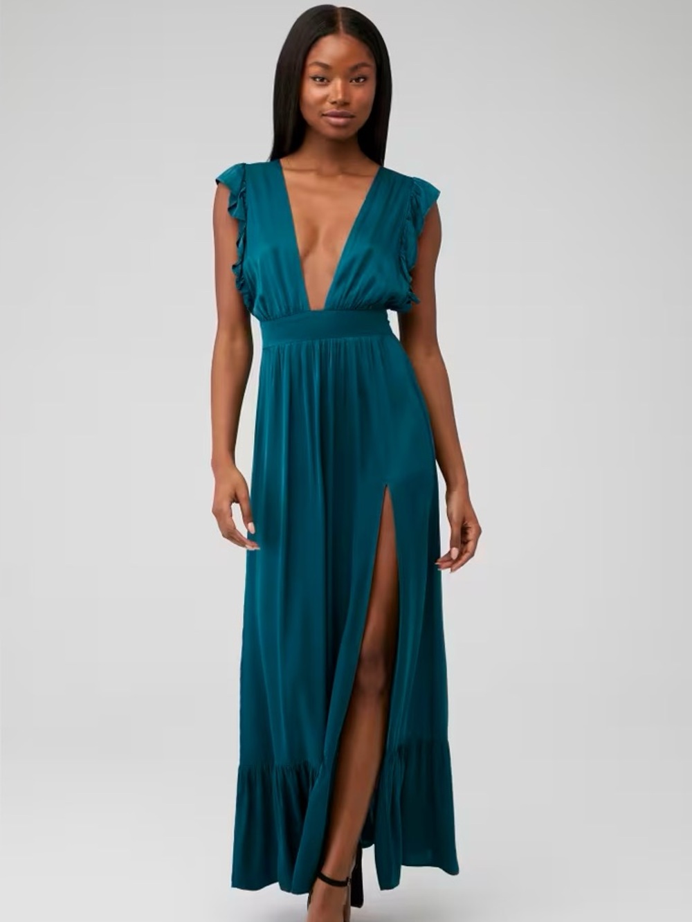 Deep Emerald Forest Green V-Neck Flutter Ruffle Sleeve Jessie Midi Dress